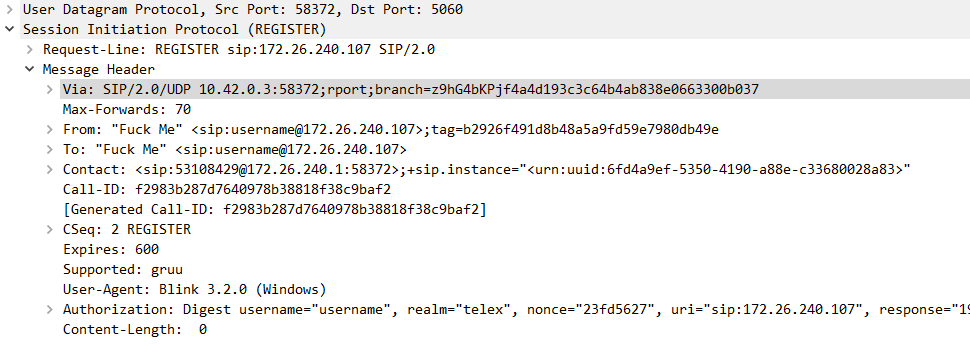 The second REGISTER request from the phone, with credentials!
